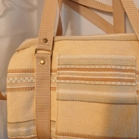 New Canvas Upholstery Mini Duffle Travel Bag Tan Sage embroidered Shoulder Cross - Picture 3 of 9